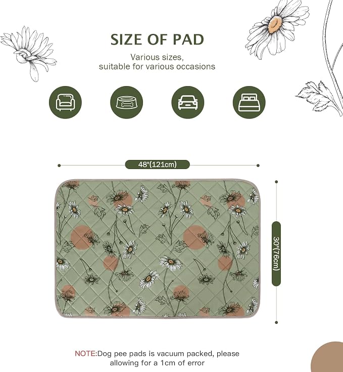 IEUUMLER Washable Pee Pads for Dogs, 2 Pack Non-Slip & Waterproof Pack Whelping Pad, Reusable Washable Puppy Potty Training Pad with Fast Absorbent for Playpen EU007 (Grass Green Daisy, 48"X30"-2pcs)