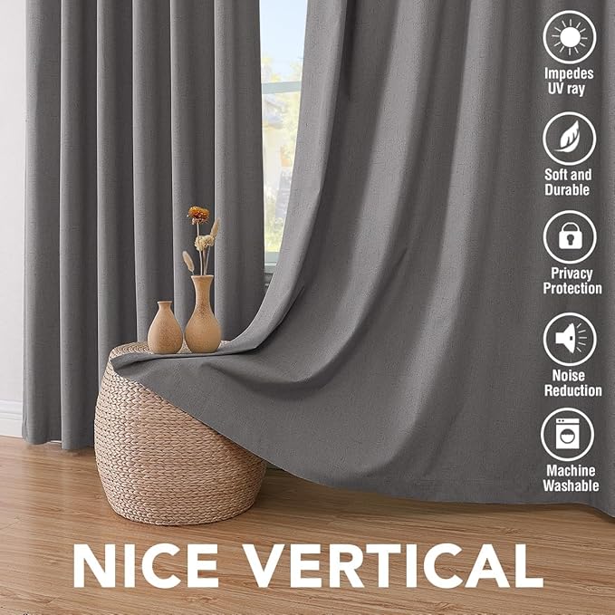 H.VERSAILTEX Blackout Curtains Linen Curtains 120 inches Long 100% Black Out Curtains for Bedroom Windows, Textured Linen Look Draperies Grommet with White Liner, 2 Panels, Grey