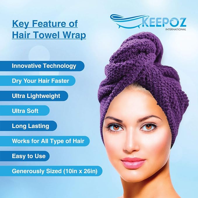 KEEPOZ Hair Towel Wrap Quick Dry 100% Cotton Super Absorbent Turban Head Wrap for Women with Button, Non Microfiber Anti Frizz Hair Products, Hair Cap for Curly, Long Hair (Purple Check, 2 Pcs)