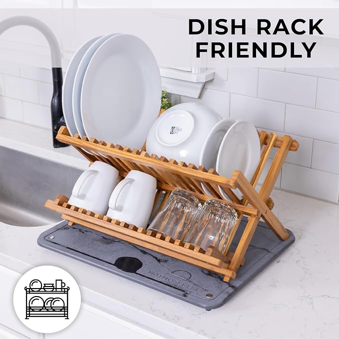 LARGE MATMOSPHERE Stone Dish Drying Mat for Kitchen Counter – Fast Absorbing Diatomaceous Mat with Stainless Steel Legs, Quick Dry, Dish Rack Mat, USA Small Business, 18”x14”, Gray Marble