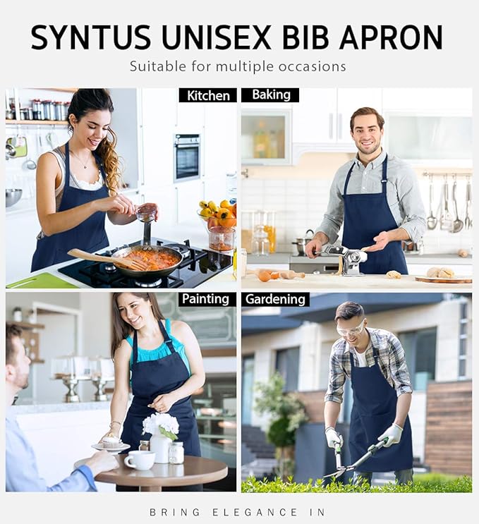 Syntus 4 Pack Adjustable Bib Apron with 2 Pockets Cooking Kitchen Aprons for Women Men Chef