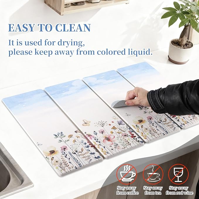 3 PCS Stone Dish Drying Mat for Kitchen Counter, Quick Dry Foldable Stone Dishes Mats, Water Absorbing Diatomaceous Earth Drying Organizer for Dishes Bottles, Cups and Tableware (Sky)