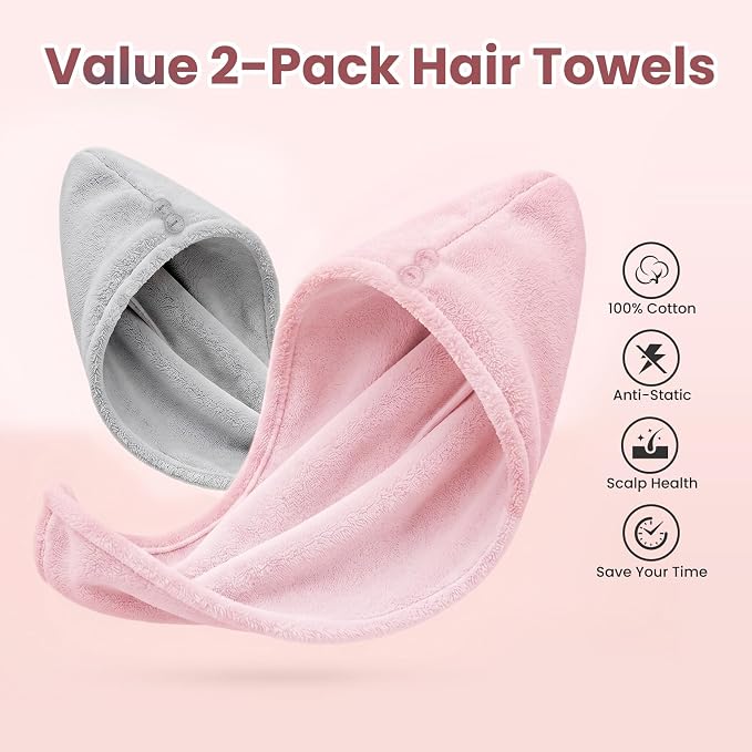 Mandydov 100% Cotton Hair Towel Wrap for Women, 2 Pack Thickened & Super Absorbent Turbans, Anti Frizz Quick Dry Hair Towels (Pink, Gray)