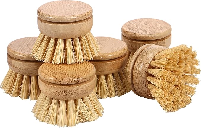 US 6Pcs Bamboo Dish Brush Head Soft Sisal Bristle Dish Natural Washing Brush Head Eco-Friendly Washing Up Brush Replacement Heads Easy to Use Dish Scrubber Head for Dish Brush Cleaning 1.89×1.57in