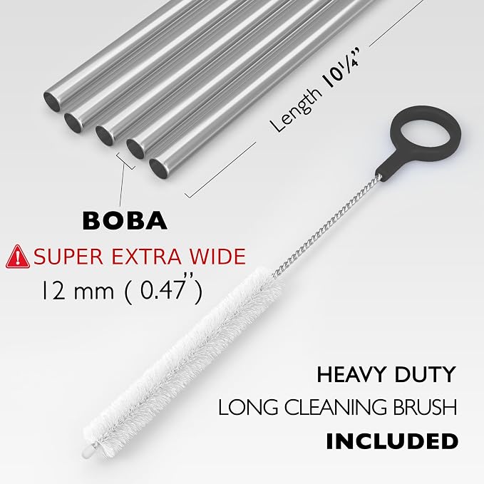 Fiesta First 5 Super Extra Wide Boba Straws Stainless Steel. 10.23" Long Metal Straws Reusable Fat Thick Large Jumbo for Smoothies, Bubble Tea. Dishwasher Safe Hard Drinking Straws. SILVER