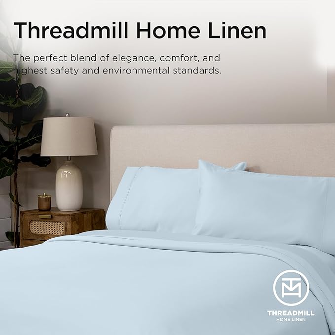Threadmill Supima King Size Sheets, 1000 Thread Count, 4 Piece American Luxury Bed Sheets for King Mattress, 5 Star Hotel Quality Cotton Sheets with Elasticized Extra Deep Pocket, Light Blue
