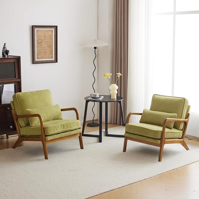 Karl home Mid-Century Modern Accent Reading Chair, Green | Corduroy Upholstered, Solid Wood Frame, Soft Cushion, Lumbar Pillow, Lounge Armchair for Living Room, Bedroom, Balcony, Study