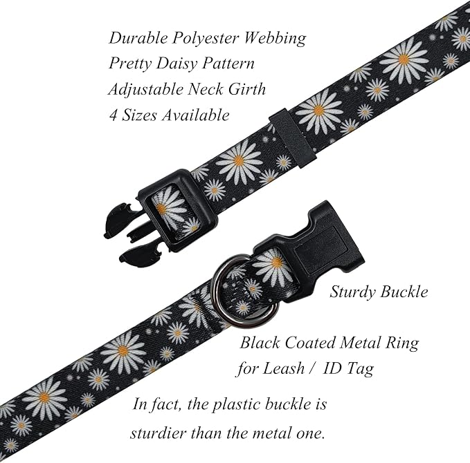 Dog Collar Leash Set, Floral Pattern, Polyester Material, Adjustable Collar and 5ft Matching Leash, for Large Dogs.(L, Black Daisy)