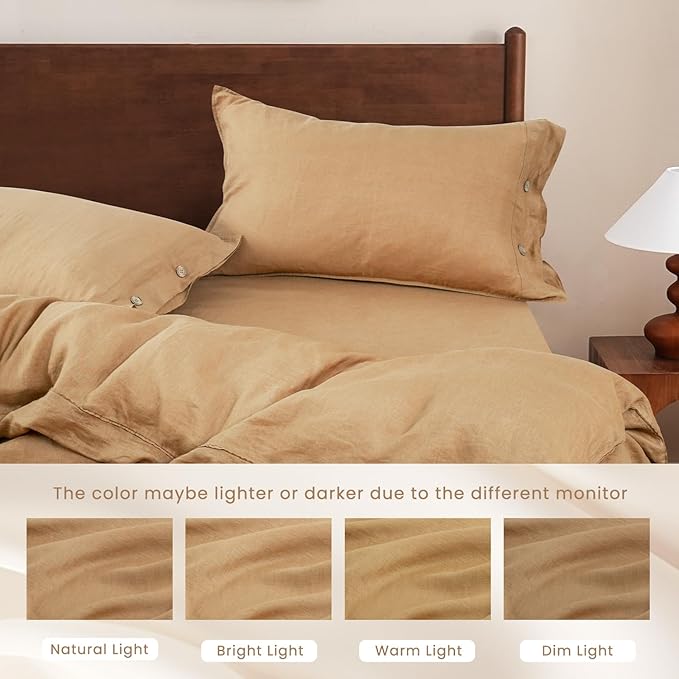 S VICTORY SYMBOL 100% Organic Linen Duvet Cover Set 3pcs Queen Size,Natural French Washed Flax Bedding Set(1 Duvet Cover and 2 Pillowcases) with Coconut Buttons Closure,Sandy Beige