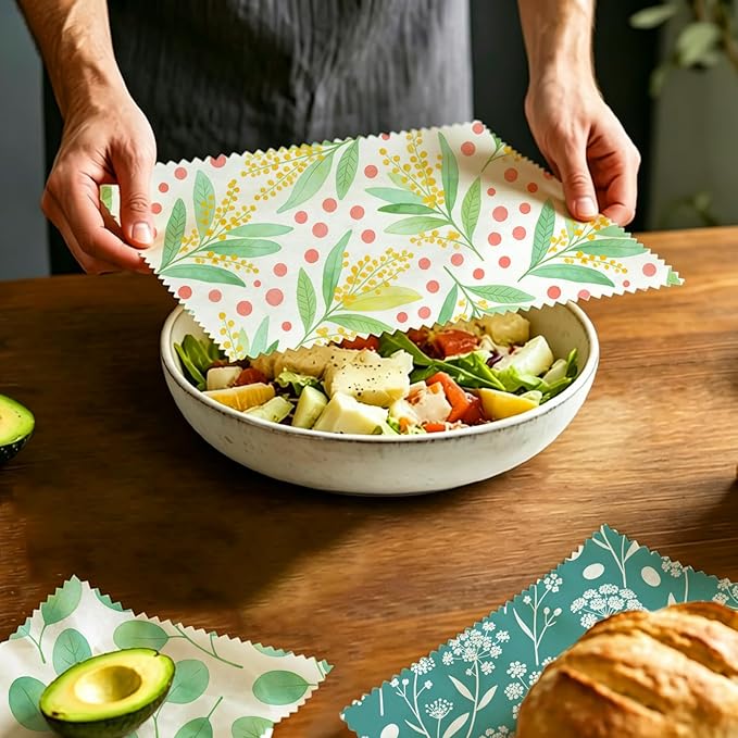 Reusable Beeswax Wraps, 9 Pack Eco-Friendly Food Storage, Organic Cotton, Sustainable, Zero Waste, Plastic-Free, Sandwich, Snack, Bowl Covers, 1XL, 3M, 5S, Botanical Leaves & Flowers
