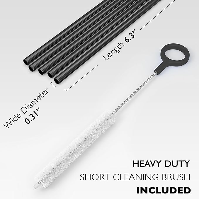 Fiesta First 5 Short Stainless Steel Straws Black with Cleaning Brush. 6.3" Long Metal Cocktail Straws Reusable, 12-14 oz Tumblers, Kids Smoothies, Shakes - Dishwasher Safe Hard Drinking Straws