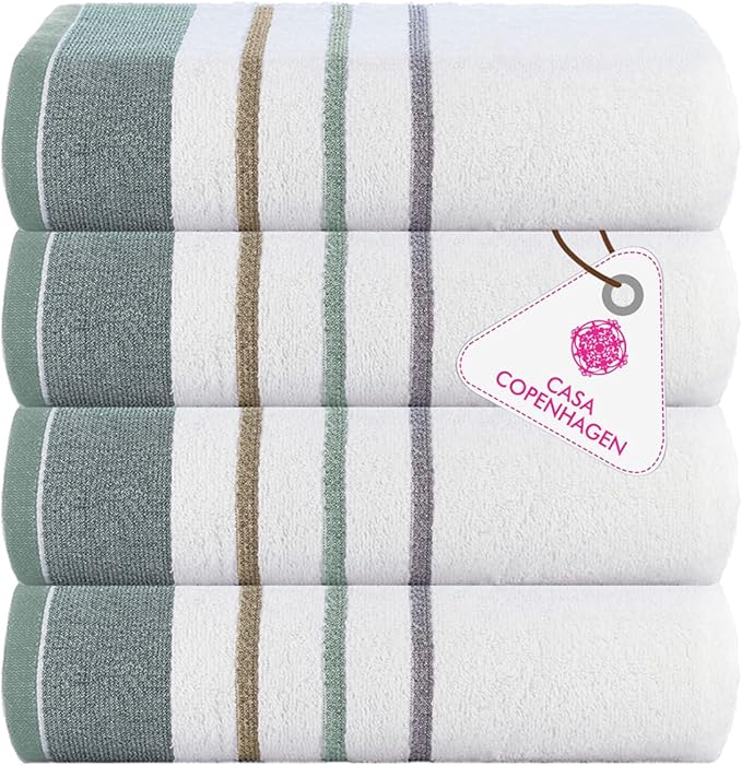 CASA COPENHAGEN White Bay 4Pcs 100% Egyptian Cotton Large Designer Towels Gift Set- Grey - Sea Grass, 600 GSM, 55"x27", 4Bath Towels for Bathroom (Box Pack, Set for Women & Men)