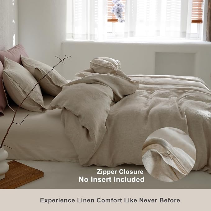 TOSMO 100% Linen Duvet Cover Set King, Pure French Flax Natural Linen Duvet Cover with Zipper Closure & Corner Ties, Cooling Breathable Comforter Cover 3 Piece (Linen)