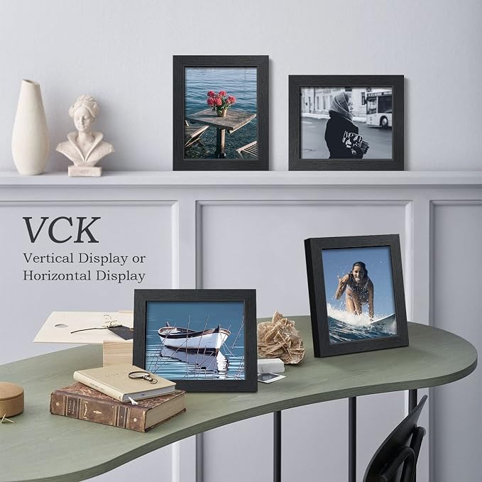 VCK 8x10 Picture Frame Set of 4, Black Wooden Photo Frames with Plexiglass, Vertical Horizontal Wall & Tabletop Display for Home Office Gallery Wall Art Decor