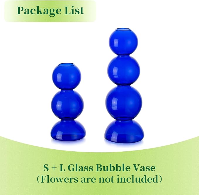 Glass Bubble Vases for Flowers, Hewory 2pcs Blue Unique Cute Single Flower Vase for Centerpieces, Funky Aesthetic Vase Skinny Bud Vase, Cool Groovy Decor for Home Living Room Bedroom Office Tabletop