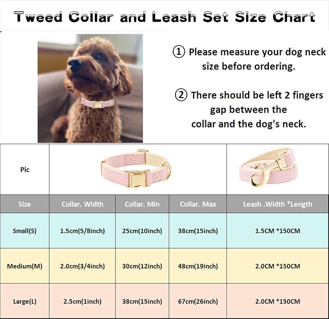 Luxury Soft Cotton Tweed Fabric Dog Collar & Leash Set with Gold Buckle – Durable Fabric, Stylish Design for Everyday Walks(Medium Pink)