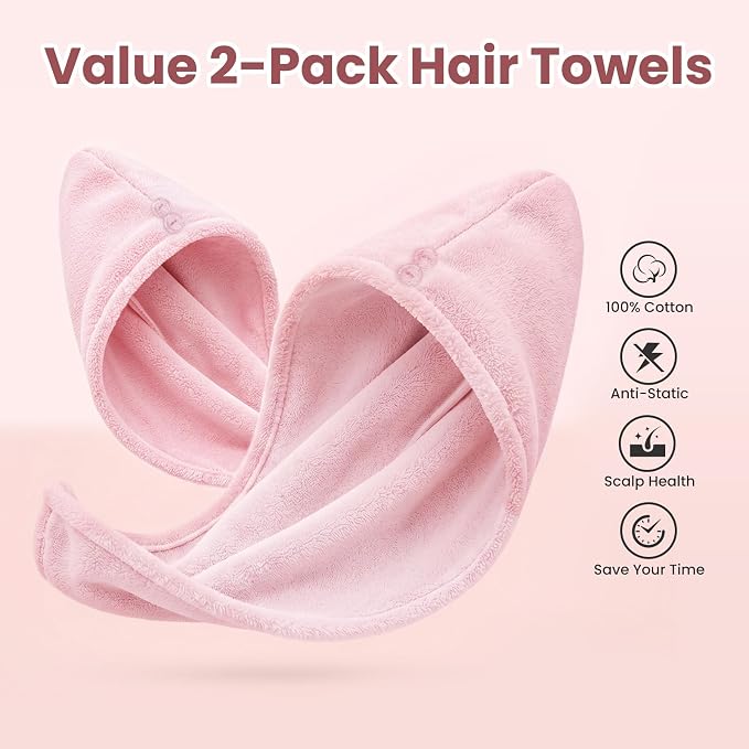 Mandydov 100% Cotton Hair Towel Wrap for Women, 2 Pack Thickened & Super Absorbent Turbans, Anti Frizz Quick Dry Hair Towels (Pink)