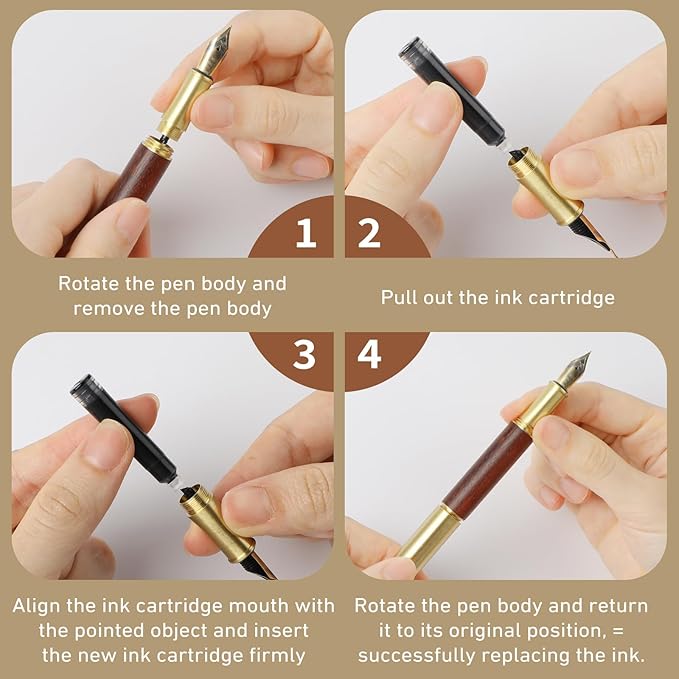 Andibro Vintage Wooden Mini Fountain Pen, Short Pocket Travel Fountain Pen Fine Nip Pen Fancy Pens Smooth Writing with 15 Pcs 2.6mm Black Ink Cartridges for Journaling Office School Supplies(B)