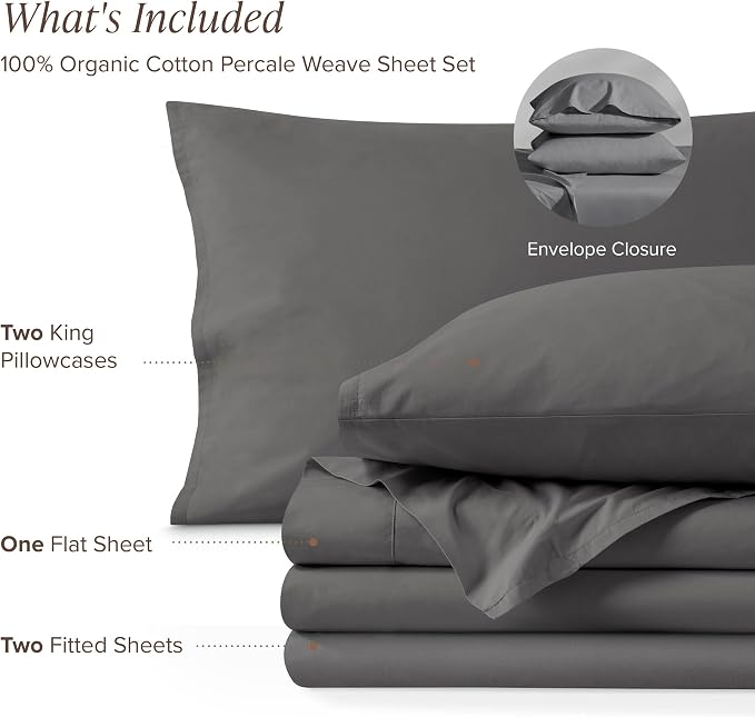 Bare Home 100% Organic Cotton Split King Sheet Set - Crisp Percale Weave - Lightweight & Breathable - Bedding Sheets & Pillowcases (Split King, Grey)