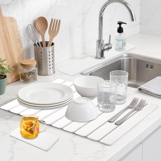 Diatomaceous Stone Drying Mat for Kitchen Counter with Sink Faucet Mat, White Absorbent Quick Dry Dish Drying Mat Set, Diatomite Stone Slat Countertop Pad for Dishes, Cups
