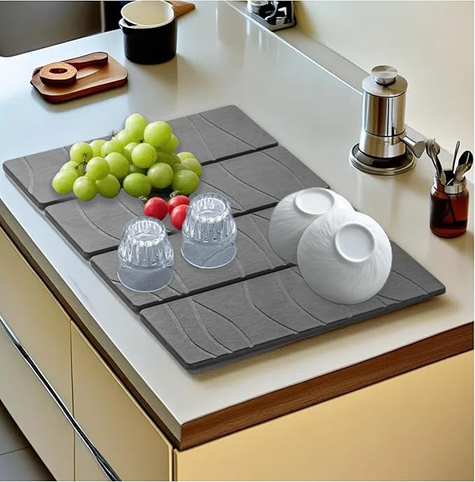 Large Stone Dish Drying Mat for Kitchen Counter, 24"×16" Quick Dry Super Absorbent Diatomate Earth Stone Mat Foldable, Kitchen Stone Mat Non-slip, Heat Resistant, Multi-purpose Mat Grey