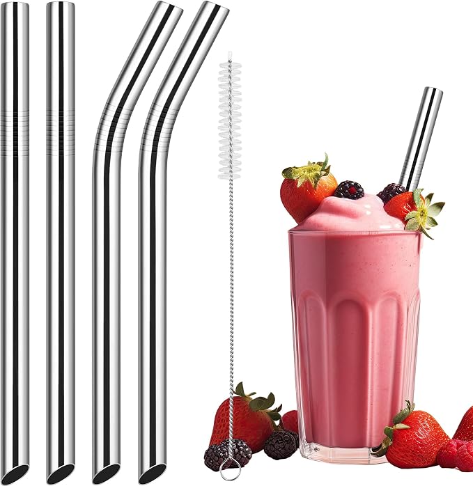 NiHome 4-Pack Stainless Steel Straws for Boba, Smoothie, 10.4” Metal Straws | 0.5'' Extra Wide Metal Reusable Straws, 2 Bent & 2 Straight Long Drinking Straw for Bubble Tea, Milkshake, 1 Brush, Silver
