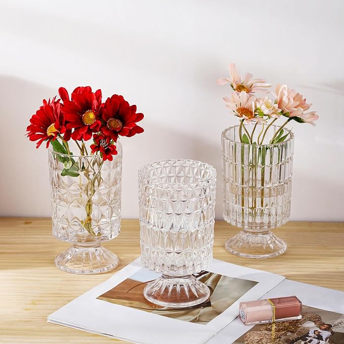 VanEnjoy Pedestal Base Glass Vase Wide Mouth vases for Flowers, Embossed Flower Vase Decorative for Home Office Wedding Holiday Party - 9 inches Diamond