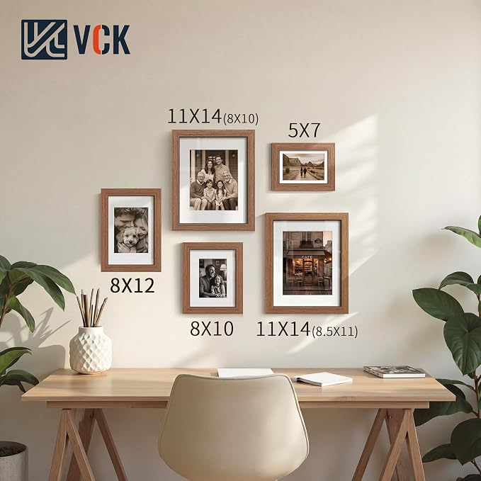 VCK 8x12 Picture Frames Walnut - 3 Pack, Wide Border Solid Wood, Tempered Glass, Display 6x8 Photo with Mat or 8 x 12 Without, for Home, Office, Gallery, Woodgrain Series, Tabletop & Wall Hanging