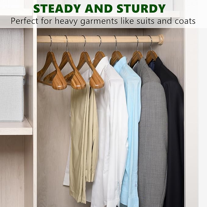 Amber Home 6 Pack Wide Shoulder Bamboo Wood Suit Coat Hangers, Wooden Clothes Hangers with Pants Bar, Heavy Duty Jacket Hangers for Dress, Pants, Heavy Clothes