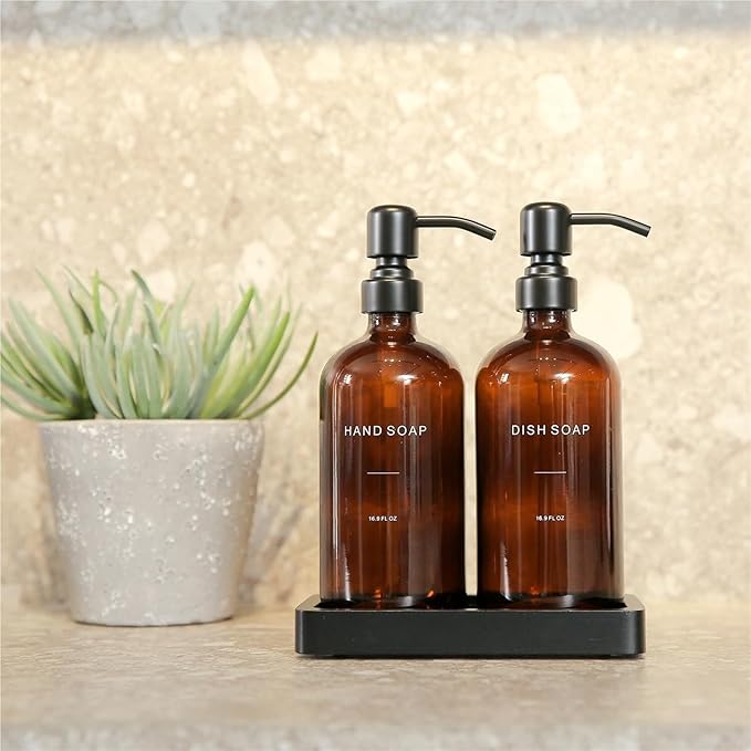 Liquid Dispenser Soap Dispenser Set Glass with Stainless Steel Pump Countertop Soap Bottle(Amber Bottle+Black Pump)