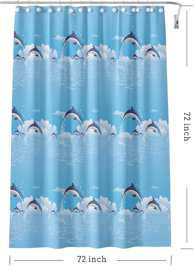 TIKABC Shower Curtain Liner, 4G PEVA Blue Dolphin Shower Liner, Plastic Waterproof Shower Curtains, 72x72 inch with Grommet Holes 3 Magnetic Weights