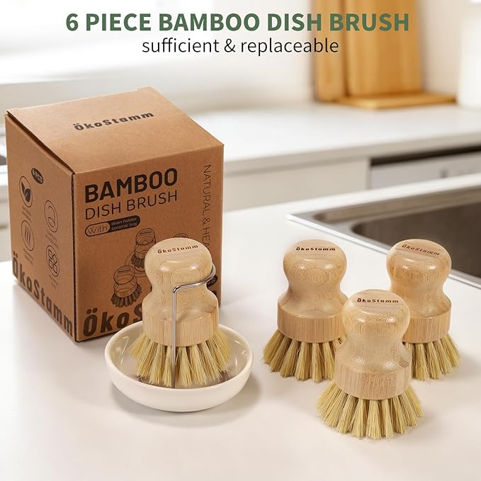 6 PCS Bamboo Dish Brush Set - Natural Scrub Brush for Dish with Tray and Drain Holder, Wooden Dish Scrubber for Kitchen Cleaning Dishes, Pots, Pans and Vegetables (6)