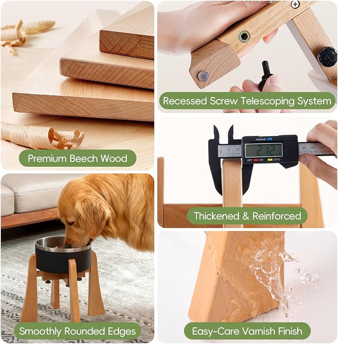 Elevated Bowl Stand 12-inch with Heavy Duty Beech Wood Made, Anti-Vomit Design for Medium Breed, Senior Dogs, Ergonomic Neck Protecting, Adjustable Diameter, Easy Clean Non Toxic