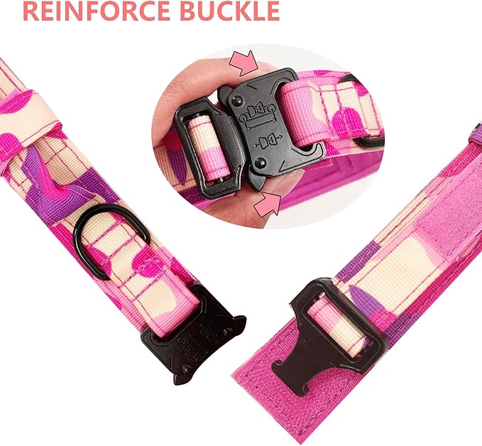 Tactical Dog Collar and Leash Set Adjustable Military Nylon Dog Collar with Control Handle and Heavy Duty Metal Buckle for Large Dogs(Pink Camo S
