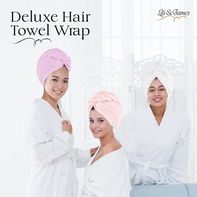 Lili&James 100% Cotton Hair Towel Wrap for Women & Kids β 420 GSM Quick Dry Hair Turban with Double Button Loop, Anti Frizz Non Microfiber Hair Drying Towel for Long & Thick Hair (White+Pink+Lilac)
