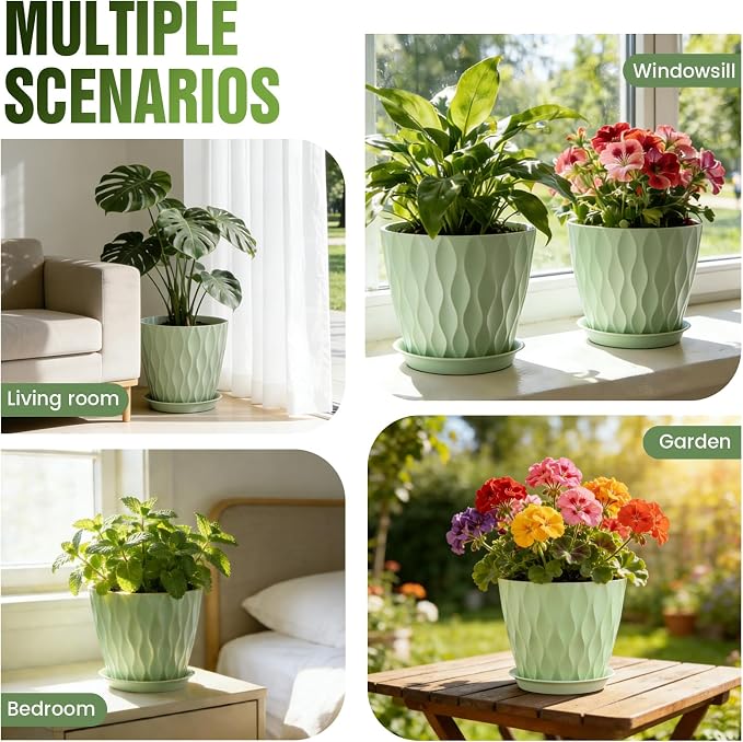 8 Inch Plant Pots 4 Pack Plastic Planters with Drainage & Saucers | 8 inch 4 pack plastic plant pots with 3D water ripple texture, drainage holes and saucers for indoor outdoor plants