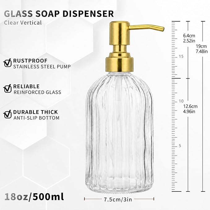 2 Pack Clear Glass Hand Soap Dispenser Set 18oz Bottle with Golden 304 Rustproof Stainless Steel Pump for Kitchen and Bathroom