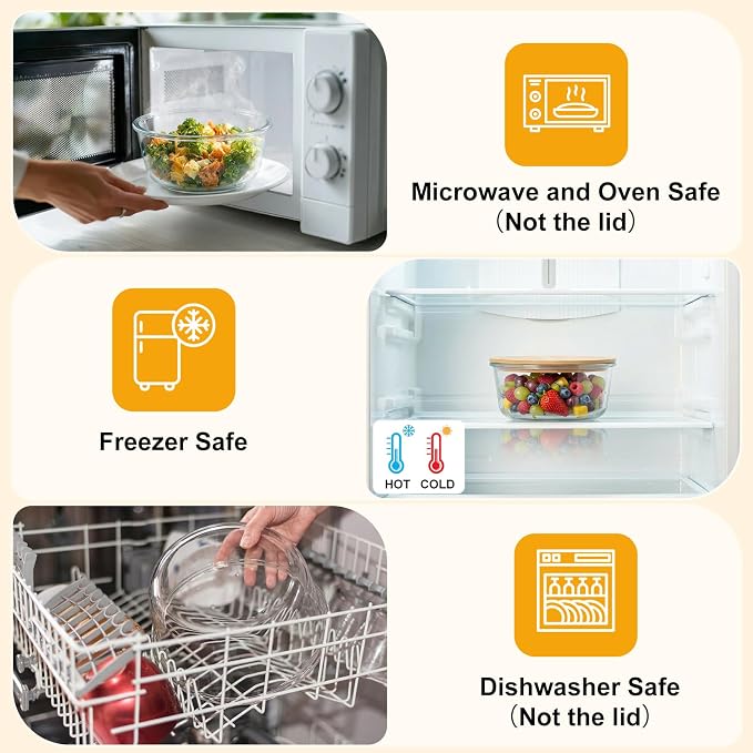 Blushtier 4 Pack 44 oz Borosilicate Glass Food Containers with Bamboo Lids, Stackable Glass Bowls for Meal Prep & Lunch, Microwave, Freezer and Dishwasher Safe