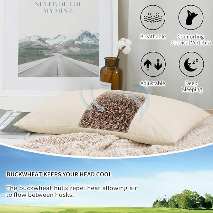 LOFE® Organic Buckwheat Pillow for Sleeping with Organic Cotton Pillowcase - 14x20'' Adjustable Pillow, Breathable for Cool Sleep, Cervical Support for Back and Side Sleepers(Tartary Buckwheat Hulls)
