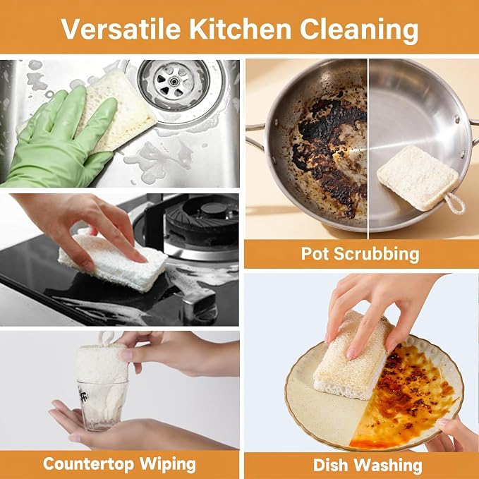 Natural Loofah & Cellulose Dual Sided Sponge 5 Pack | Compostable, Plastic-Free, Biodegradable Kitchen Scrubber | Non-Scratch for Dishes, Pots, Pans & Cast Iron