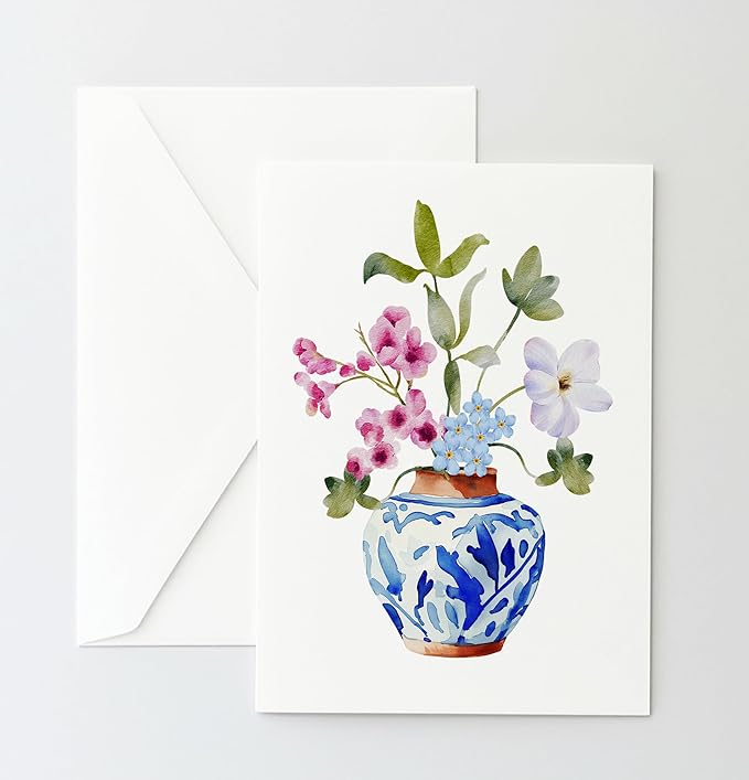 Ginger Jar with Wildflowers Greeting Cards - Set of 10 All Occasion 5x7 Note Cards with Envelopes. Blank Inside. Hand-Drawn Watercolor Floral Bouquet in Blue Chinoiserie Vase.