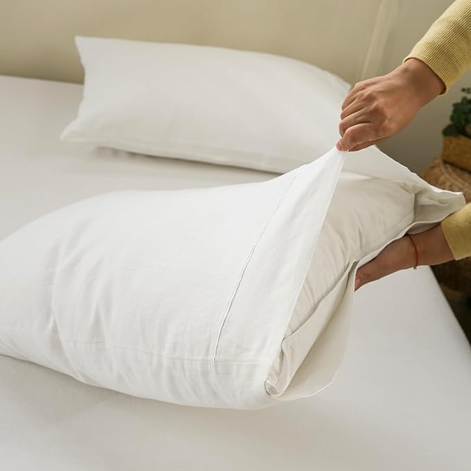 100% French Linen Pillowcases with Embroidery - Pack of 2 - Washed Solid Color Natural Flax Soft Breathable - White, 20'' x 40''