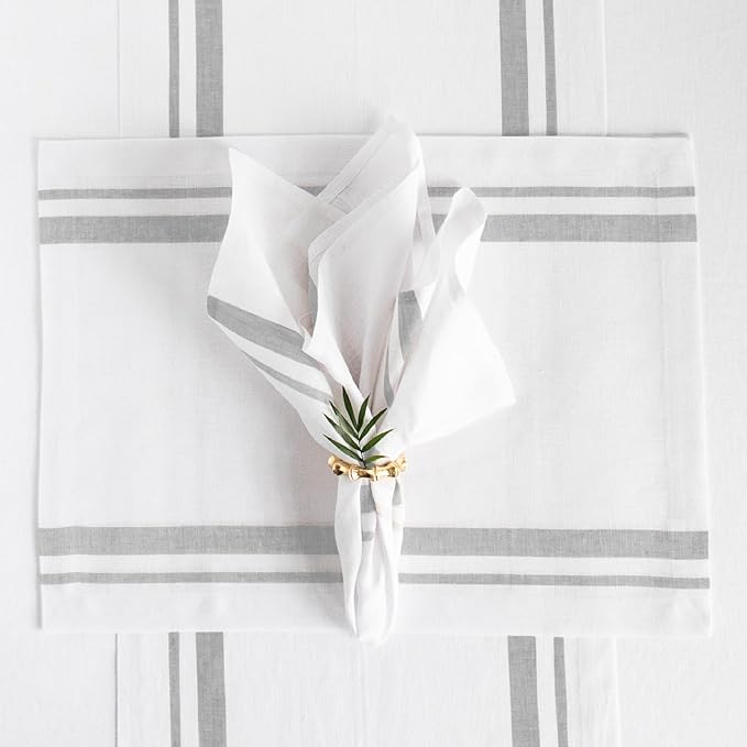 Solino Home Linen Dinner Napkins 20 x 20 Inch - 100% Pure Linen French Stripe Grey and White Napkins Set of 4 for Spring, Summer