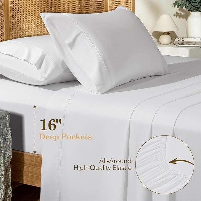 SONORO KATE 100% Organic Cotton Sheets Set - 600 Thread Count, GOTS Certified Cotton Bed Sheets, Soft, Breathable & Silky Sateen Weave Sheets, 16" Deep Pockets - 4 PC (White,King)