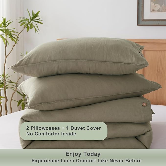 TOSMO 100% Linen Duvet Cover Set with Button Closure, 3 Pieces (1 Duvet Cover with 2 Pillowcases), Soft Breathable Durable Farmhouse Bedding - King, Taupe