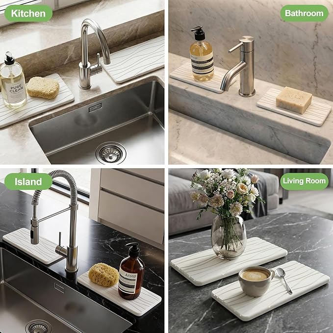 Water Absorbing Stone Tray for Bathroom Sink Stone Drying Mat for Kitchen Counter Diatomite Sink Soap Dispenser Trays Quick Dry Mat Kitchen Decor Diatomaceous Earth Vanity Tray Bathroom Accessories