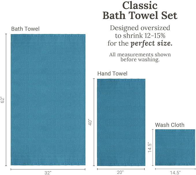 GILDEN TREE Waffle Towel Set Quick Dry Thin | 2 Bath Towels | 2 Hand Towels | 2 Washcloths, Classic Style (Aqua)