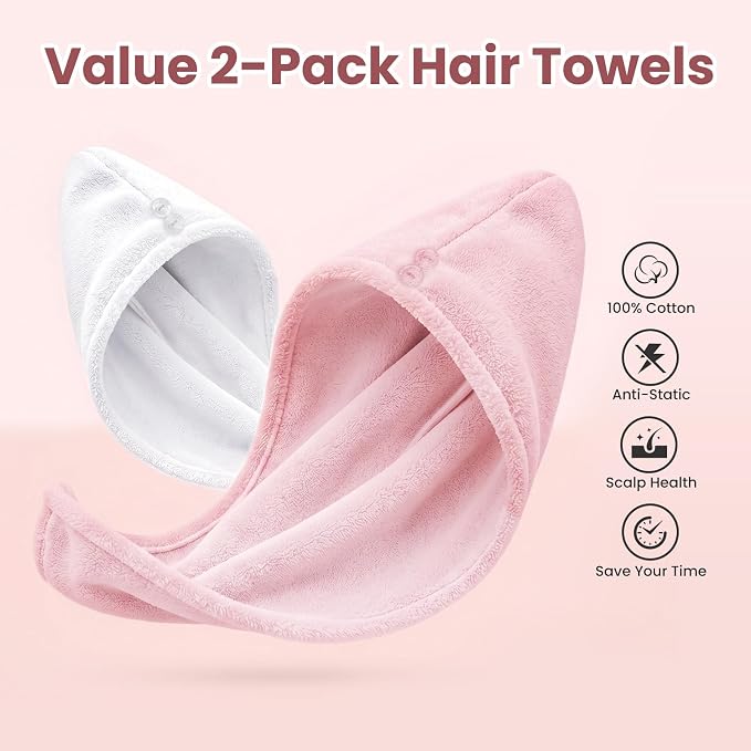Mandydov 100% Cotton Hair Towel Wrap for Women, 2 Pack Thickened & Super Absorbent Turbans, Anti Frizz Quick Dry Hair Towels (White, Pink)