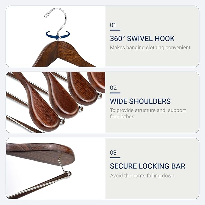 Amber Home 6 Pack Wide Shoulder Wooden Suit Hangers, Retro Wood Coat Hangers with Non Slip Locking Bar, Clothes Hangers for Jackets, Sweaters, Pants & Heavy Clothes (Retro)