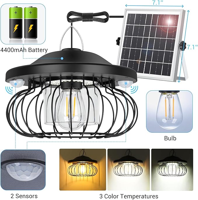 ropelux Solar Shed Light Outdoor Indoor, Bright 2000LM 5 Modes (Daytime Available) Lamp with 3 Color Temps Dual Motion Sensor Remote, Hanging Pendant Lights for Gazebo Barn Garage Shop, 1 Pack